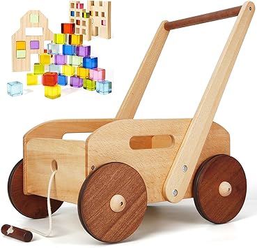 Woodtoe Wooden Baby Walker for Toddlers, Adjustable Speed Push Toys for Babies Learning to Walk, with Wooden Building Blocks Set for Kids, 36 PCS Rainbow Acrylic Gem Cubes Blocks