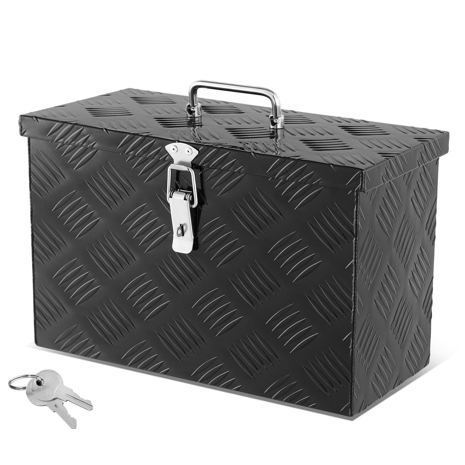 Auto Dynasty Aluminum Tool Boxes Truck Bed Organizer with Fixed Top Handle, Latch with Hole, 15.9'W x 7.5" D x 10.2" H, Powdercoated Black Aluminum & Steel