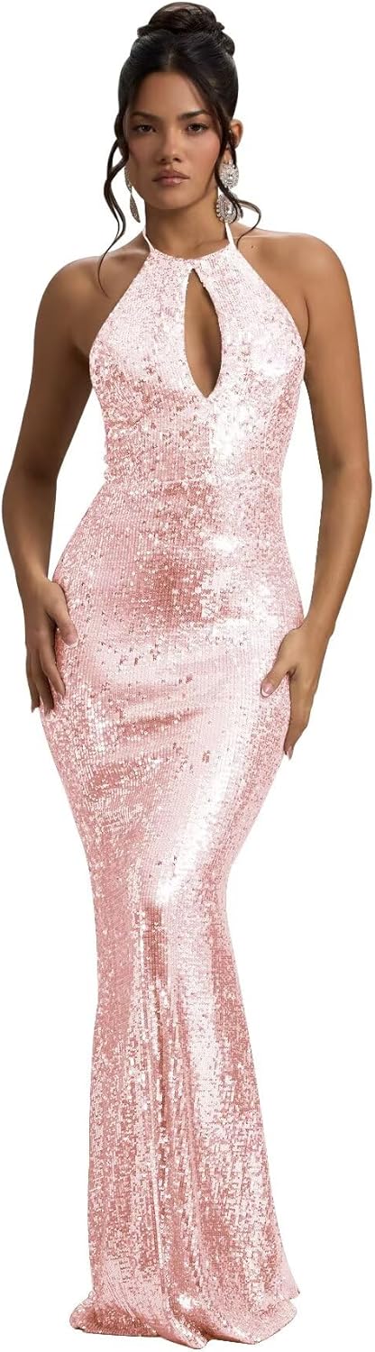 SoDigne Sparkly Sequin Maxi Prom Dresses for Women Long Mermaid Halter Neck Backless Formal Evening Gowns