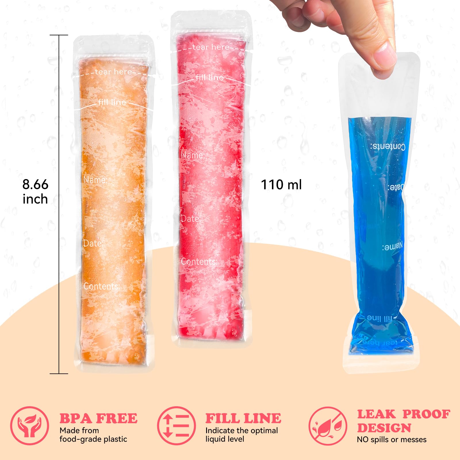 [Bag Only] 100 Popsicle Bags No Funnel - Sealable Popsicle Mold Bags, BPA-Free Freezer Tubes with Zip Seals, Ideal for Ice Pops, Yogurt, Juice, Smoothies, Healthy Snacks