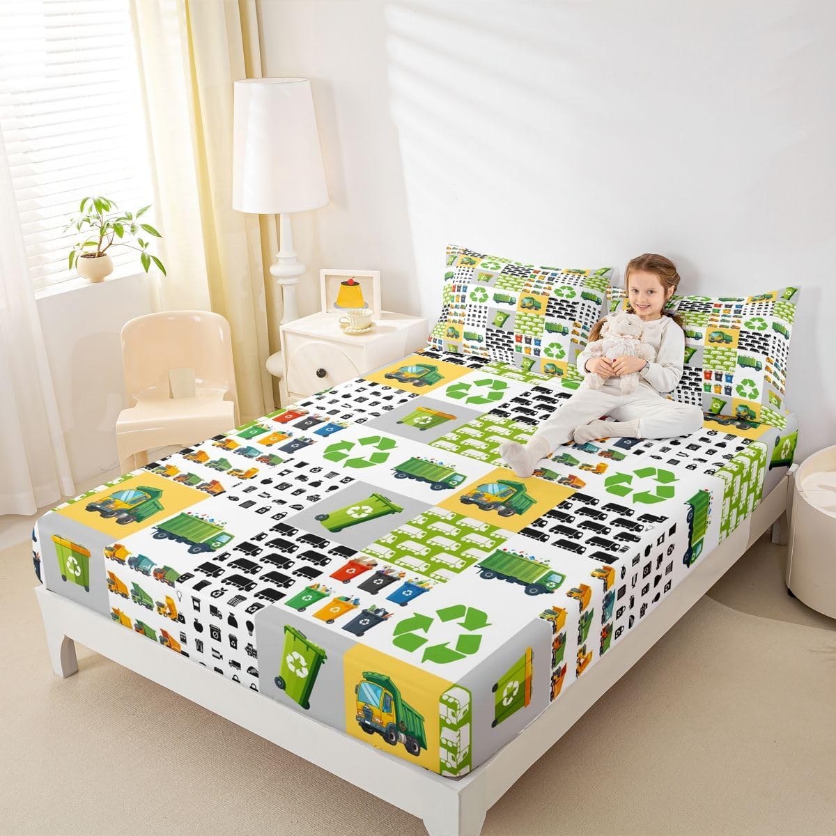 Green Garbage Truck Fitted Sheet Cartoon Trash Truck Bed Sheets Set Garbage Truck Toy Print Bedding Set Vehicle Car Bed Cover Geometric Plaid Bedroom Decor 3Pcs Full Size