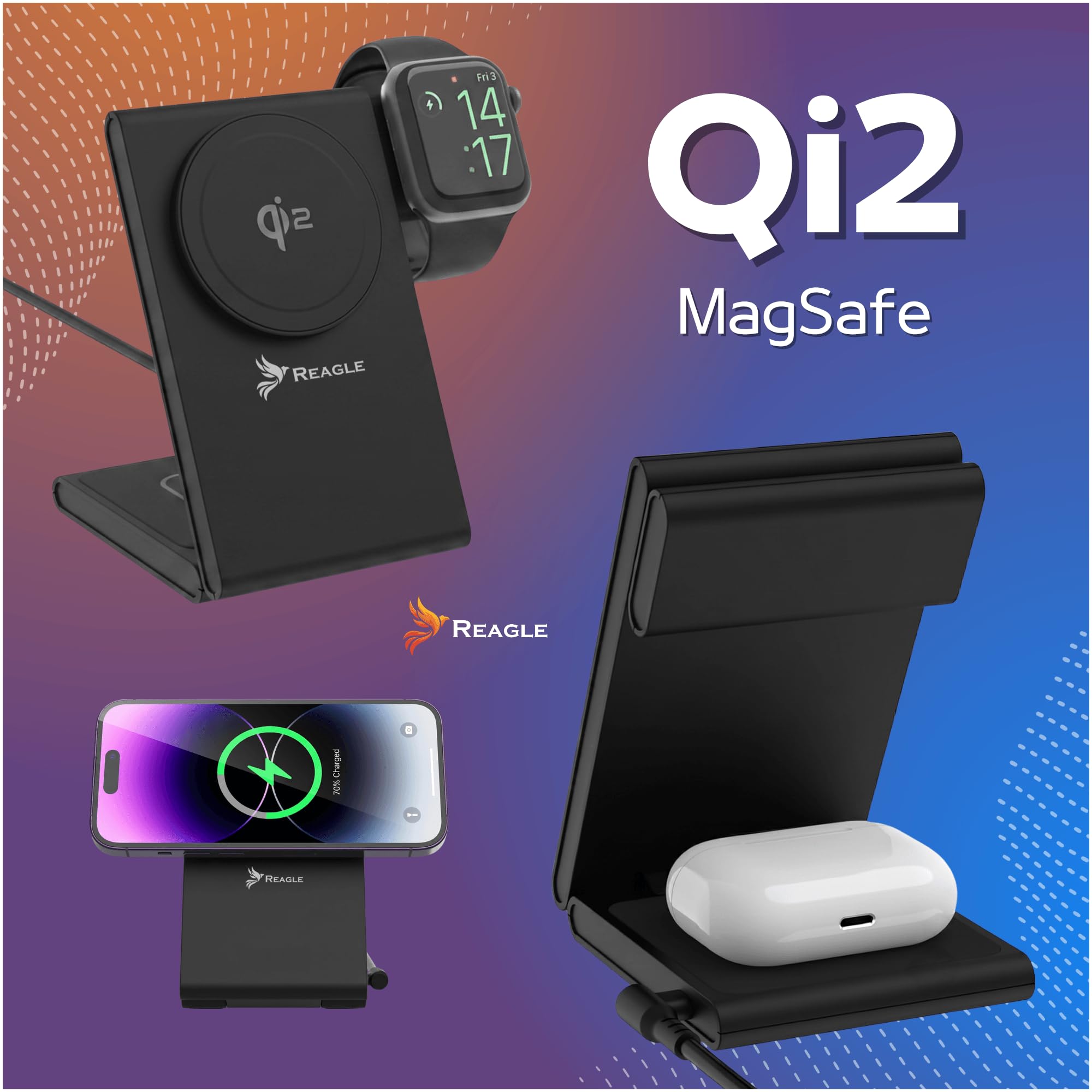 Reagle Stazione di Ricarica Wireless Qi2 3 in 1 15W, Caricatore Magnetico Pieghevole, Compatibile con iPhone 17/16/15/14/13/12, Apple Watch, AirPods, Samsung Galaxy e Pixel, Nero