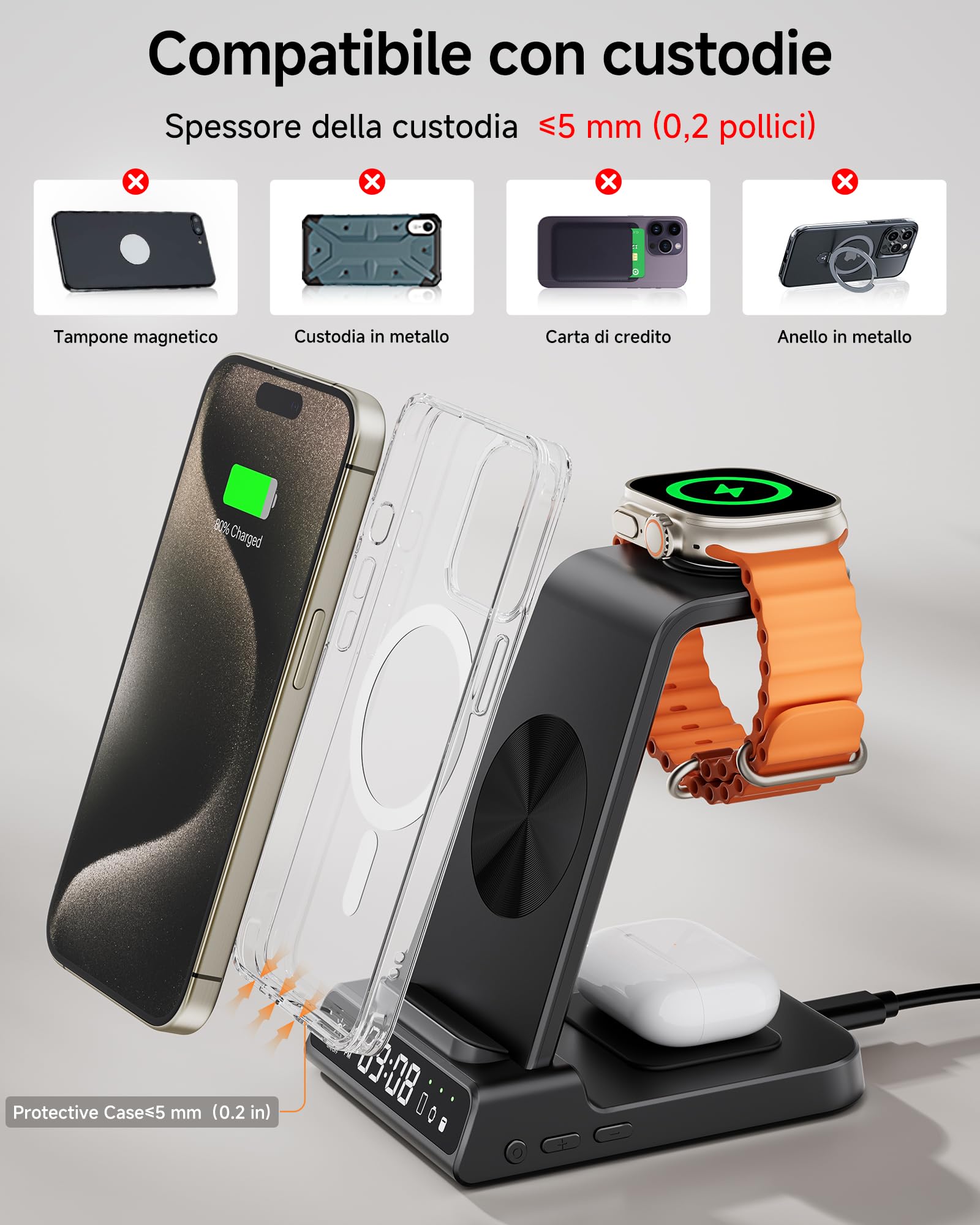 Stazione di ricarica per Apple, caricatore wireless 3 in 1 con orologio per iPhone 16/15/14/13/12/11/SE/XR/XS/X, supporto di ricarica per Apple Watch Ultra/9/8/7/6, AirPods Pro/4/3 (Senza Adattatore)