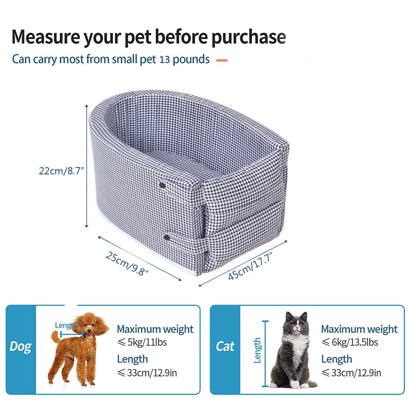 Asiento De Coche para Cachorros Perros Y Gato,Asiento Elevador De Perros,Cama para Perro,Asiento del Coche De Seguridad para Perros Gatos con Cinturón De Seguridad