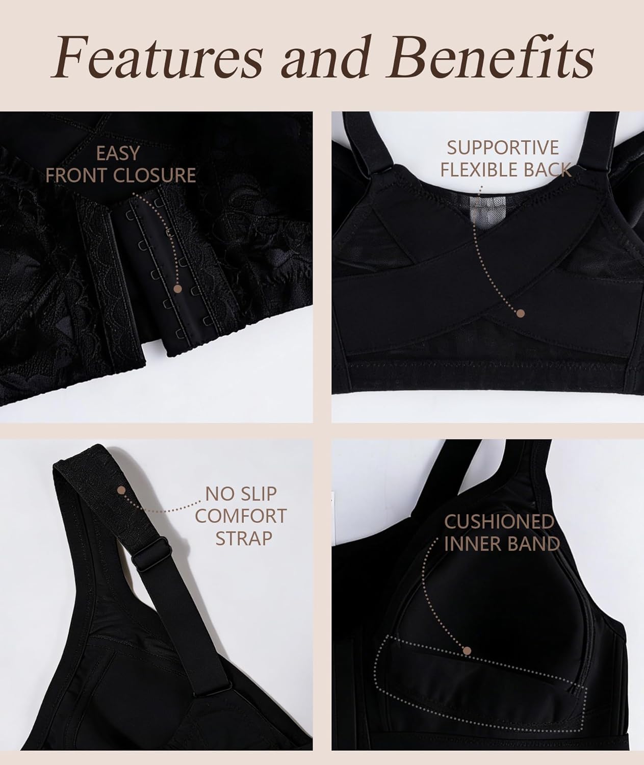 Women's Full Coverage Front Closure Bra Back Support Posture Comfort Wirefree Non Padded Plus Size - Image 3