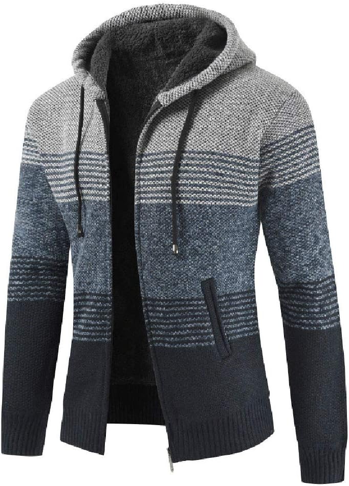 ZEFOTIM Men's Autumn Winter Packwork Hooded Zipper Jacket Knit Cardigan Long Sleeve Coat