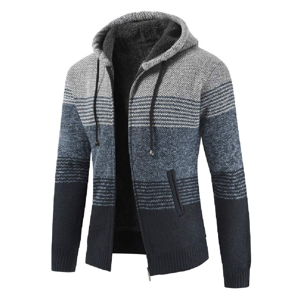 ZEFOTIM Men's Autumn Winter Packwork Hooded Zipper Jacket Knit Cardigan Long Sleeve Coat