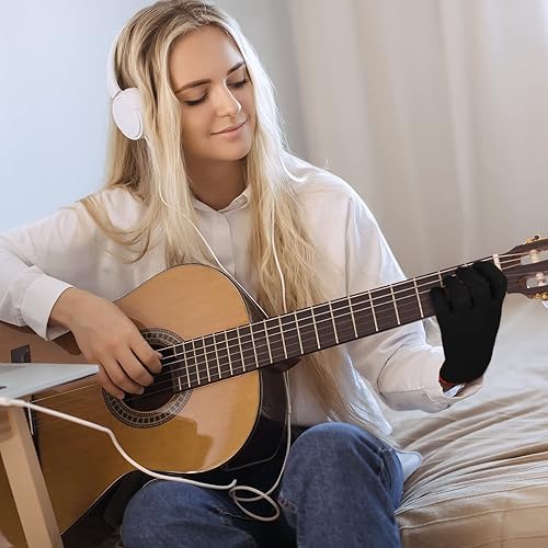 Miniatura 7 de Jiuguva Paquete de 4 guantes de guitarra, protectores de guitarra para hombres y mujeres, guantes de práctica para tocar instrumentos musicales,