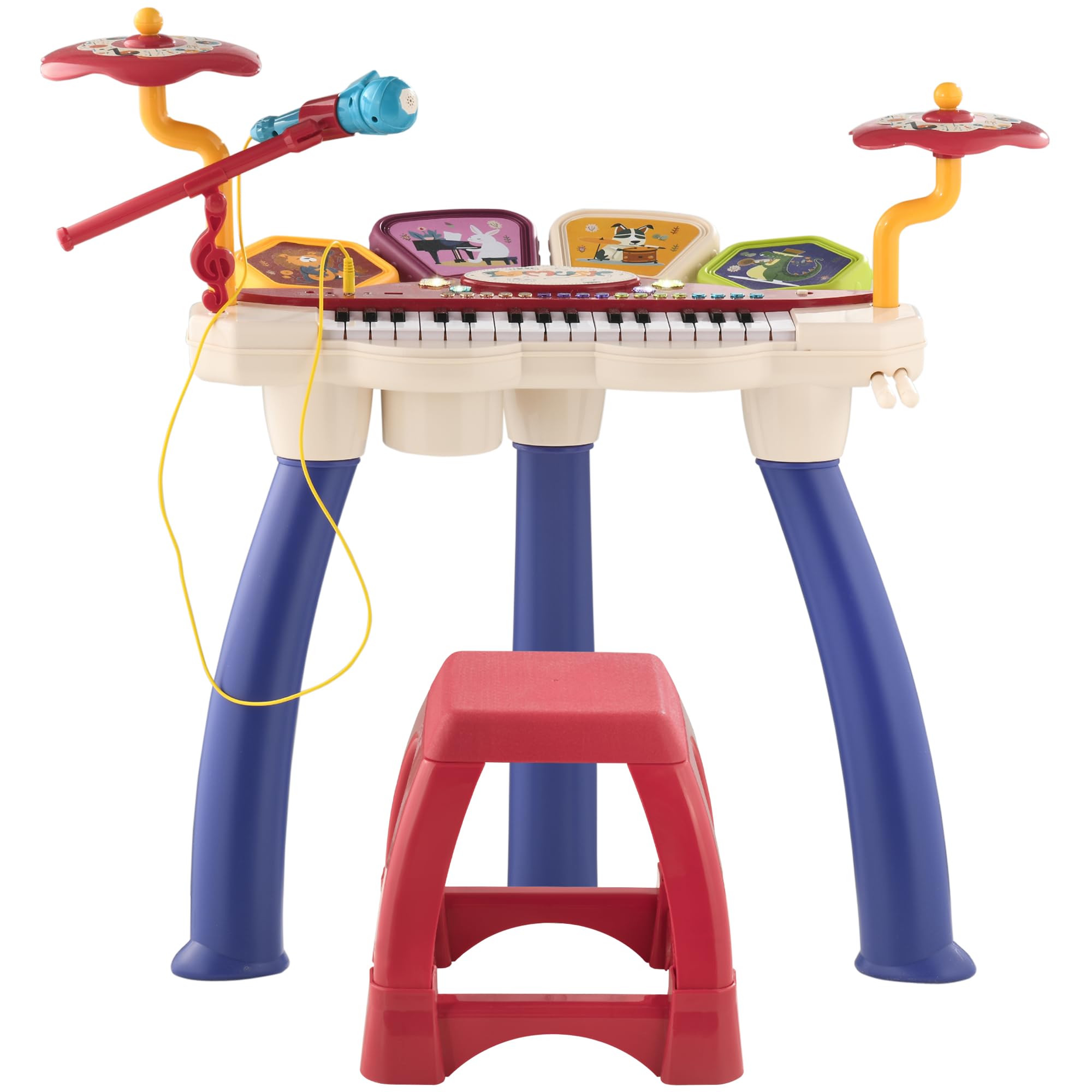 AIYAPLAY Piano Electrónico Infantil Piano para Niños 2 en 1 con 32 Teclas Batería Taburete Micrófono 19 Canciones y Volumen Ajustable 74x32,2x71 cm Multicolor