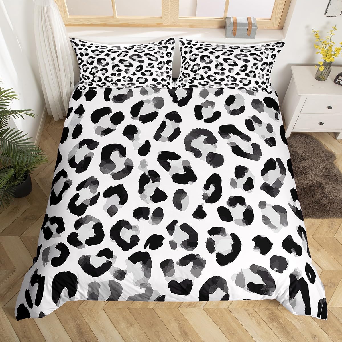Homewish Grey Single Duvet Cover Set Classic Leopard Print Bedding - Watercolor Cheetah Animal textured Quilt Cover for Kids Girls Women - Stylish Leopard Camouflage Bed Set Gray Reversible