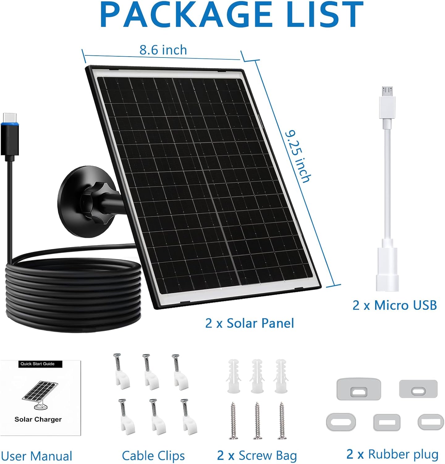 Zivif Solar Panel for Eufy Camera, 10W Solar Charger Compatible with Eufycam 3/3C/2/2 Pro/2C/2C Pro/E/E20/E40/L20/L40, with USB-C Port, Micro USB Adapter & 7.2FT Charging Cable,2 Pack