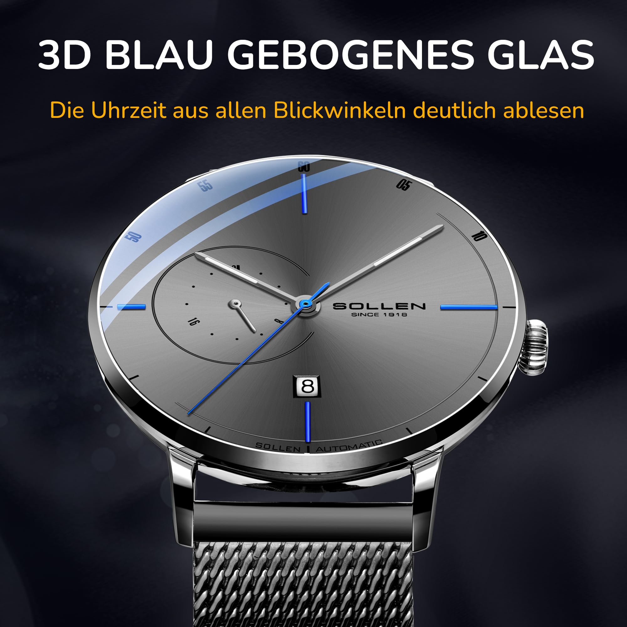 SOLLEN Minimalistische Automatikuhren Herren,Grau Automatische Herrenuhren,Originales Mechanisches Uhrwerk,3ATM Wasserdicht Leuchtend Selbstaufzug Herrenuhr mit Kalendar,Business Armbanduhr für Männer