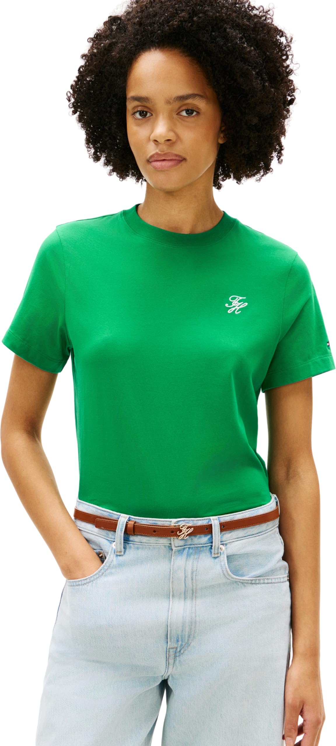 Tommy Hilfiger Women's Th Script Reg C-Nk Ss Tee Ww0Ww47809, Green, XL