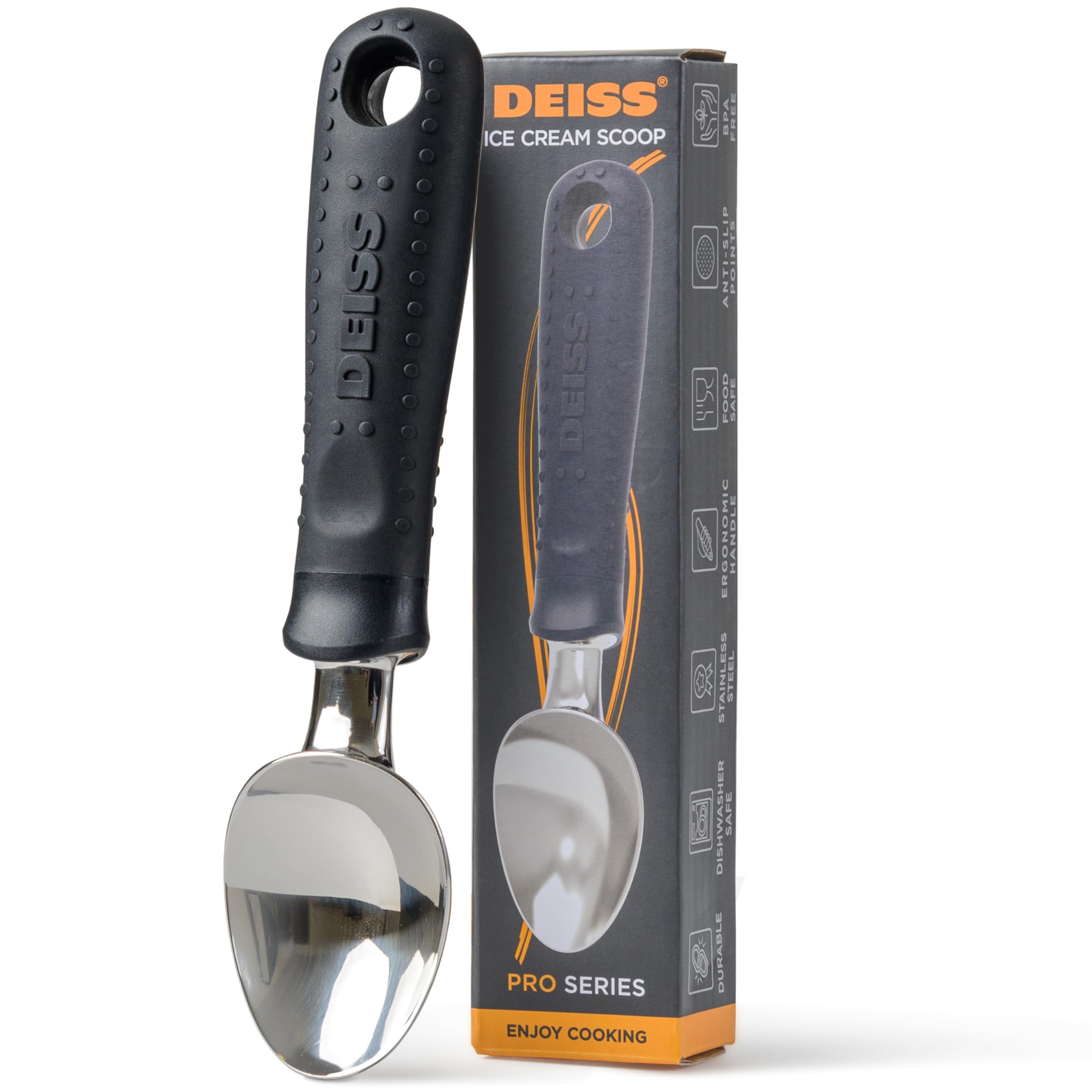 Deiss Lux Ice Cream Scoop, Stainless Steel with Soft Rubber Handle, Perfect Ergonomic Design for Easy Grip, Heavy Duty Ice Cream Scooper For Spooning Frozen Hard Gelato and Sorbet, Cookie Dough