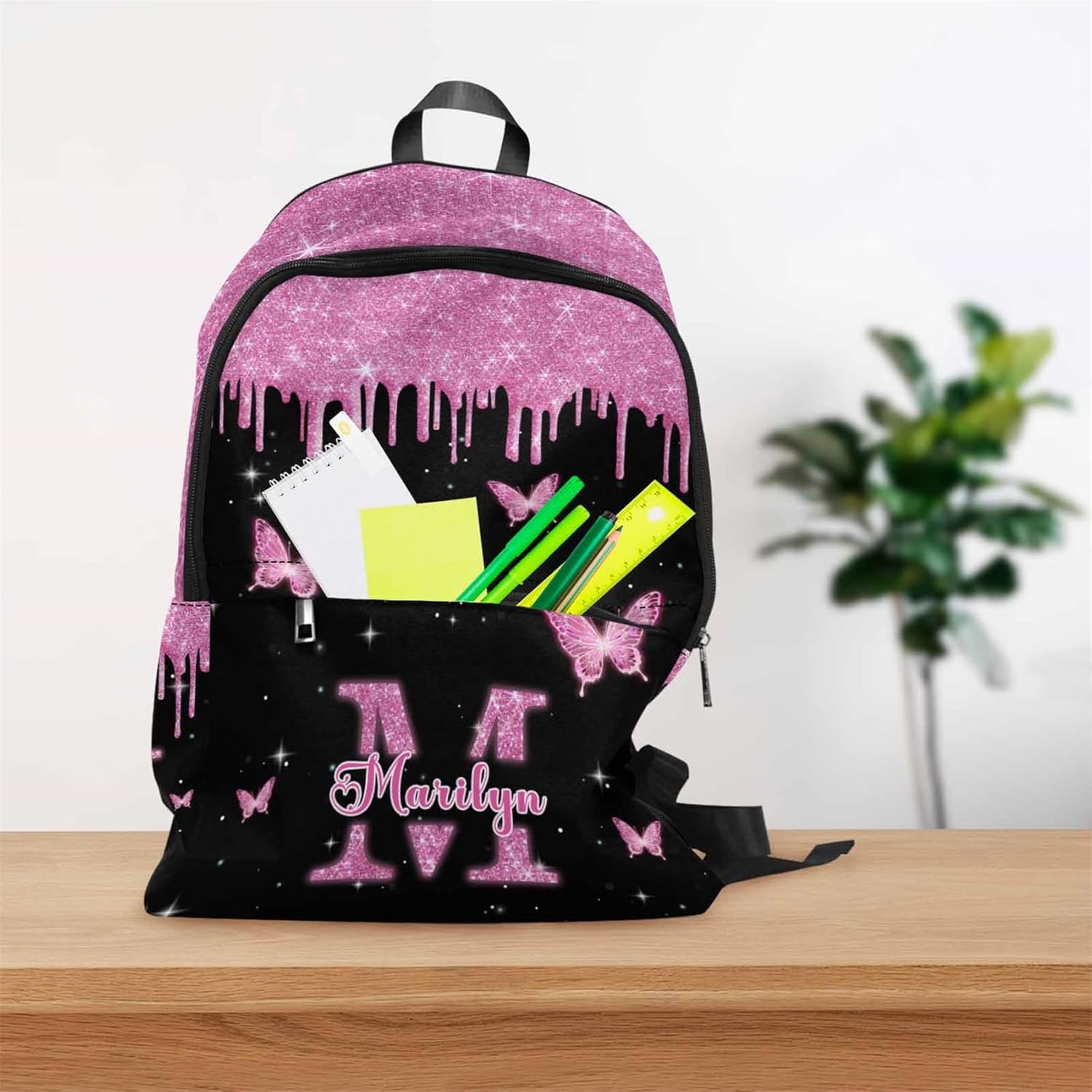 Custom School Backpack for Girls, Personalized Purple Glitter with Butterfly Casual Backpack Schoolbag Customized Girls Lunch Box Bag or Bookbag for Unisex Students Back School Multipurpose Travel Bag