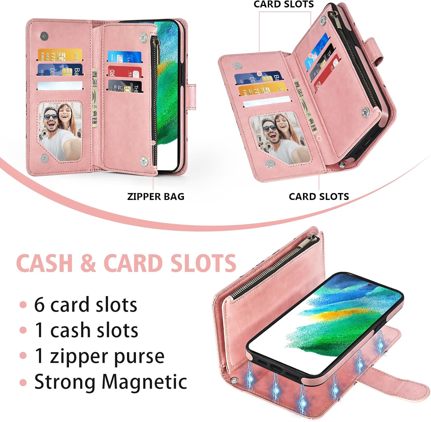 Asuwish Phone Case for Samsung Galaxy S21 FE 5G Zipper Wallet Cell Cover with Tempered Glass Screen Protector Strap Flower Card Holder S 21 EF S21FE5G UW S21FE 21S G5 6.4 inch Women Girls Rose Gold