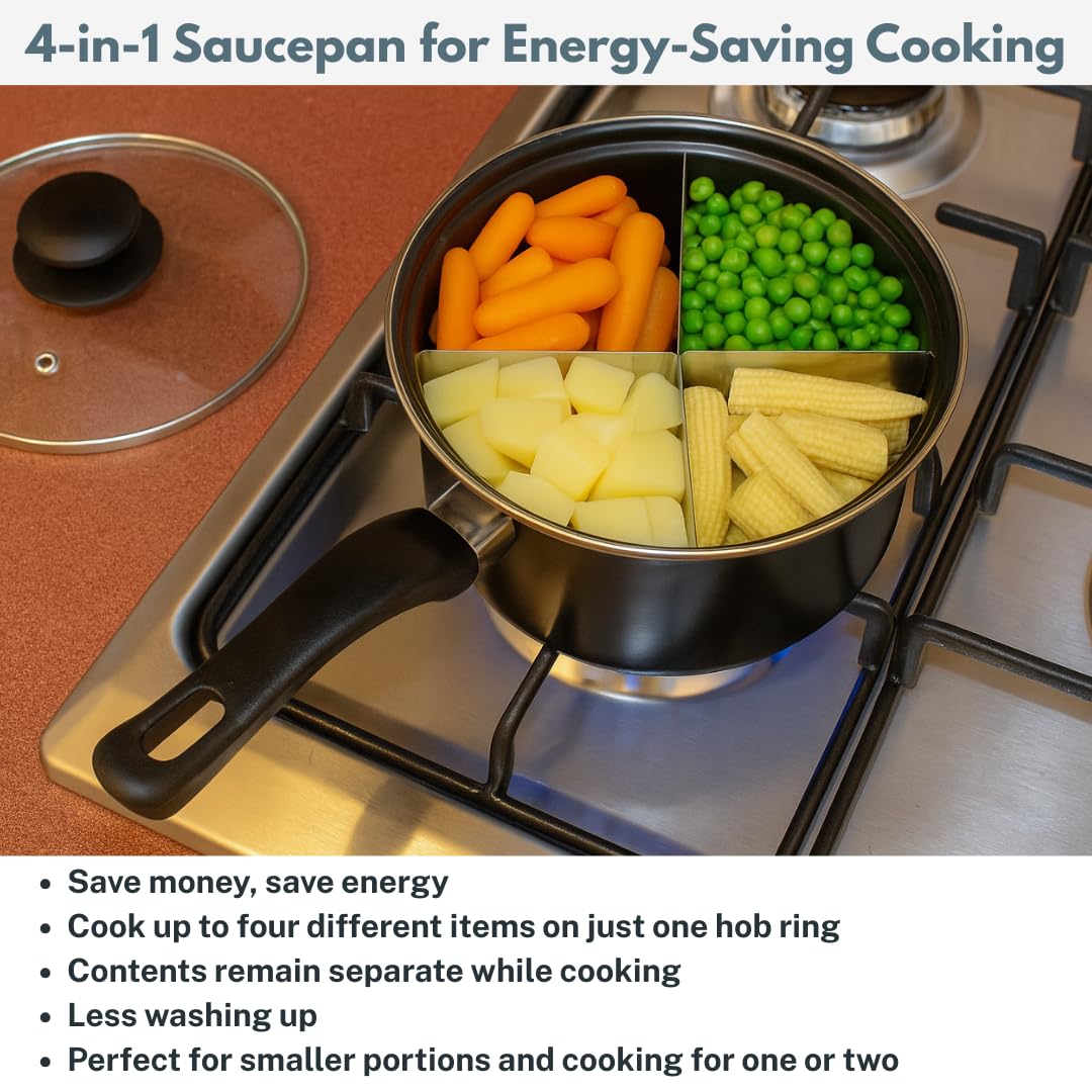4-in-1 Divided Saucepan with Removable Divider, 2 Litre Non-Stick Pan, 20cm Diameter with Glass Lid, Multi-Section Cooking Pan - Image 2