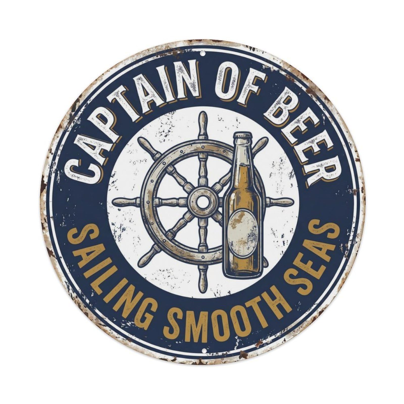 Captain Nautical Patio Beer Metal Tin Sign Plaque Wall Decor for Cafe, Club Bar, Office, Home Garden Round Metal Poster 8x8Inch