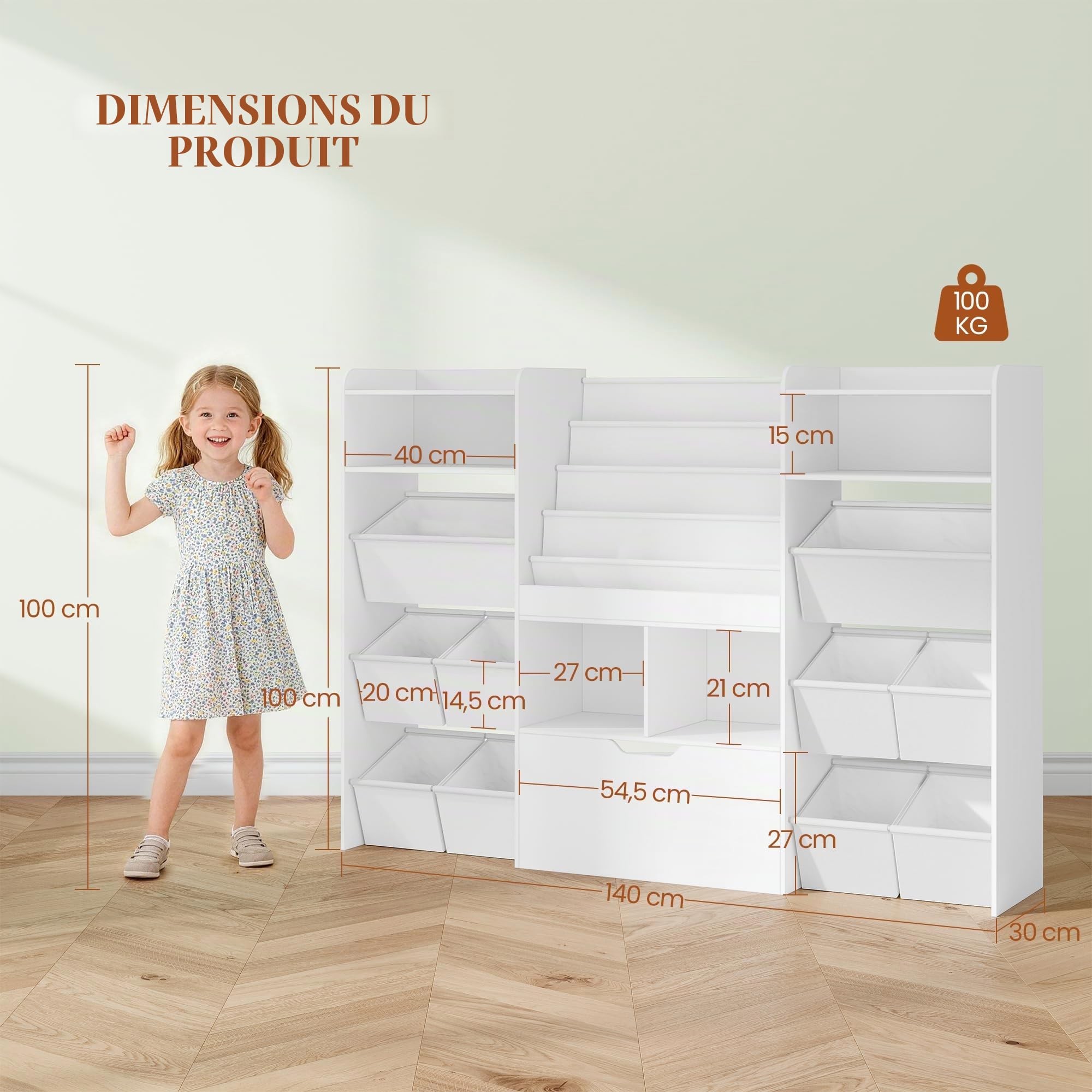 HEXCELEN Meuble Rangement Enfant avec Porte-journaux, Bibliothèque Enfants avec Tiroirs Roulants, 10 Boîtes en Non-tissé, Étagère à Jouets, pour Chambres d'enfants, Bureau, 30 x 140 x 100 cm Blanc