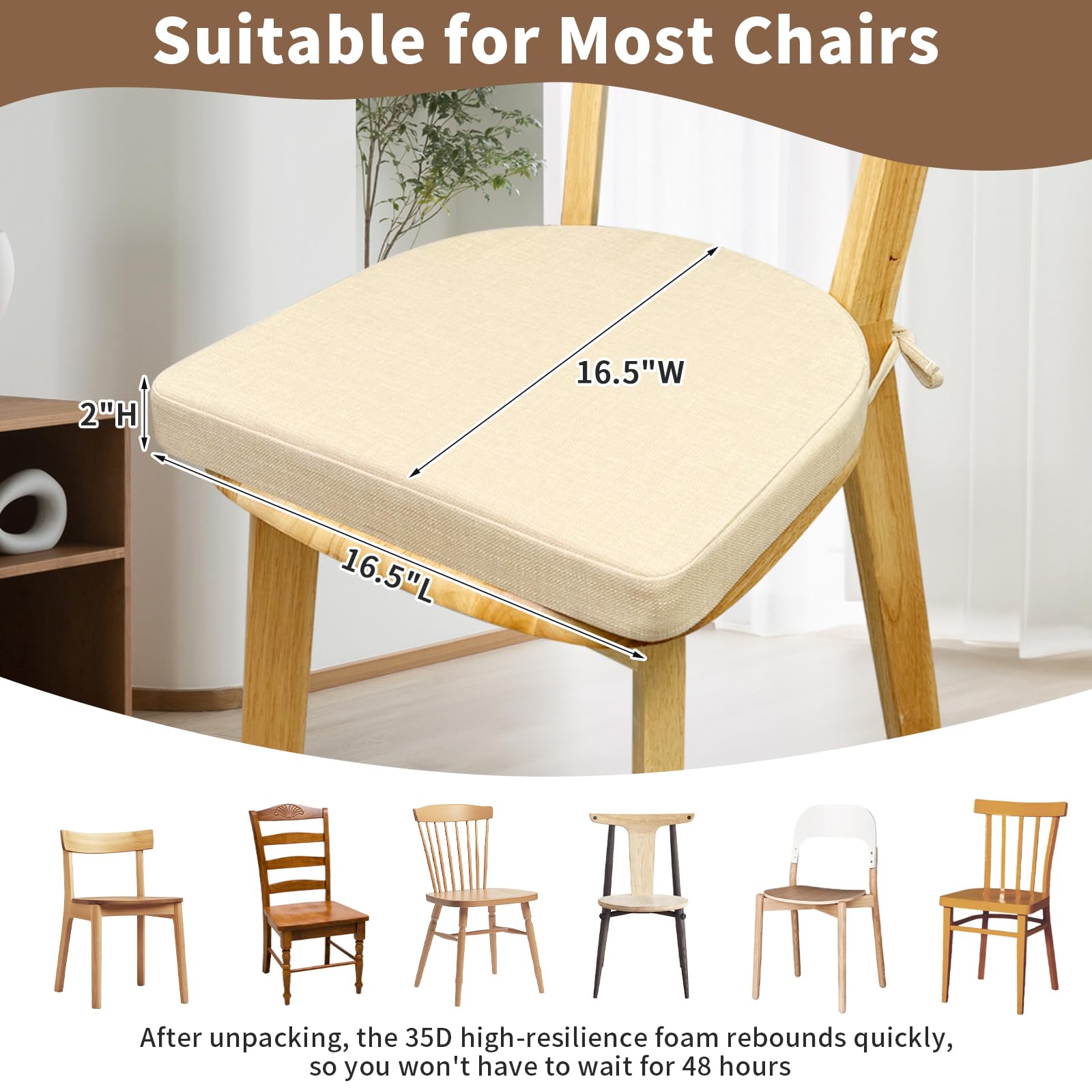 RuzRhyth Chair Cushions for Dining Chairs 4 Pack 35D High-Density Foam Seat Cushions for Kitchen Chairs with Ties Non Slip and Removable Cover Chair Pads 16.5