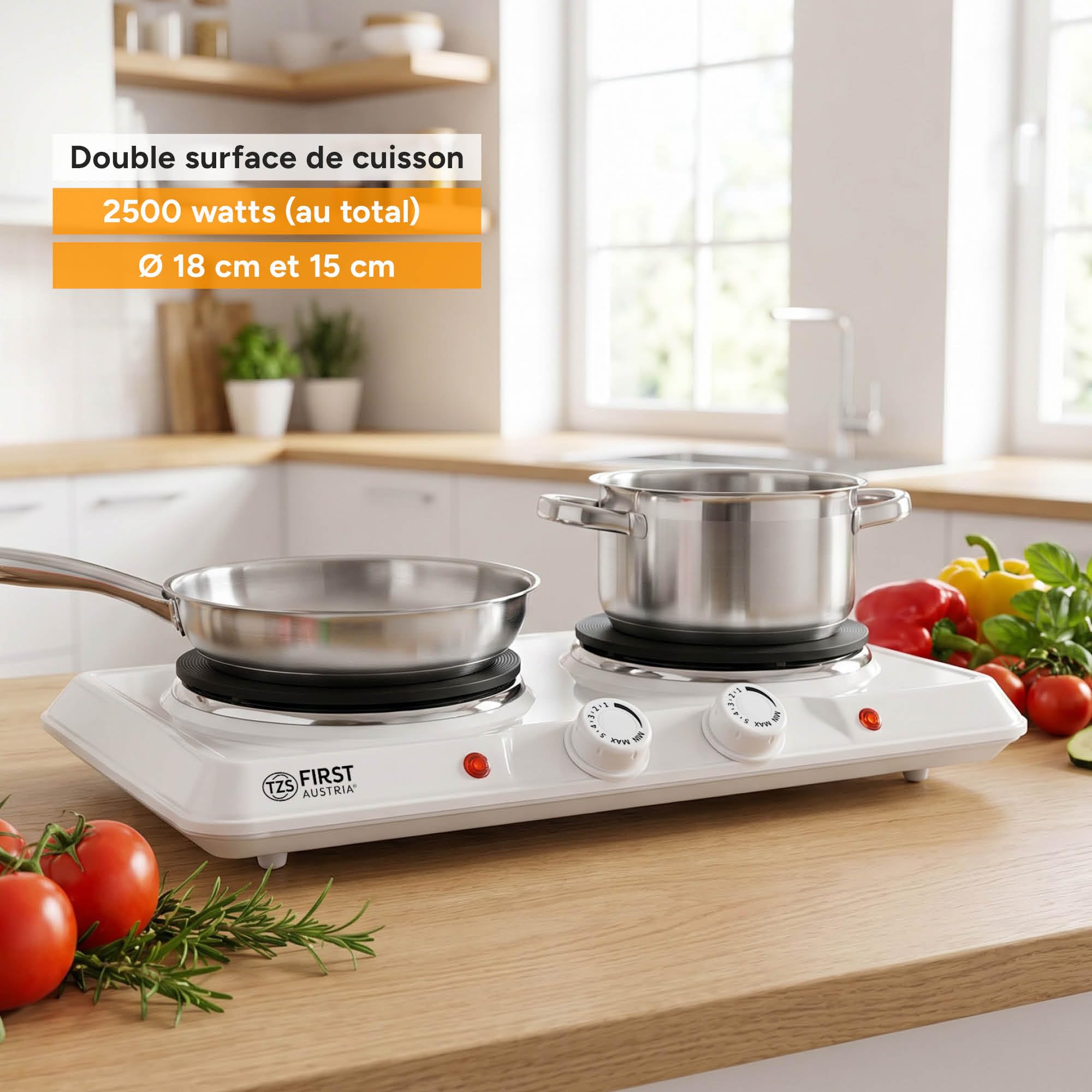 TZS First Austria - Double Plaque de Cuisson 2500W - Foyers en Fonte 180 & 150 mm - Thermostat Réglable - Réchaud Mobile pour Camping & Cuisine - Blanc