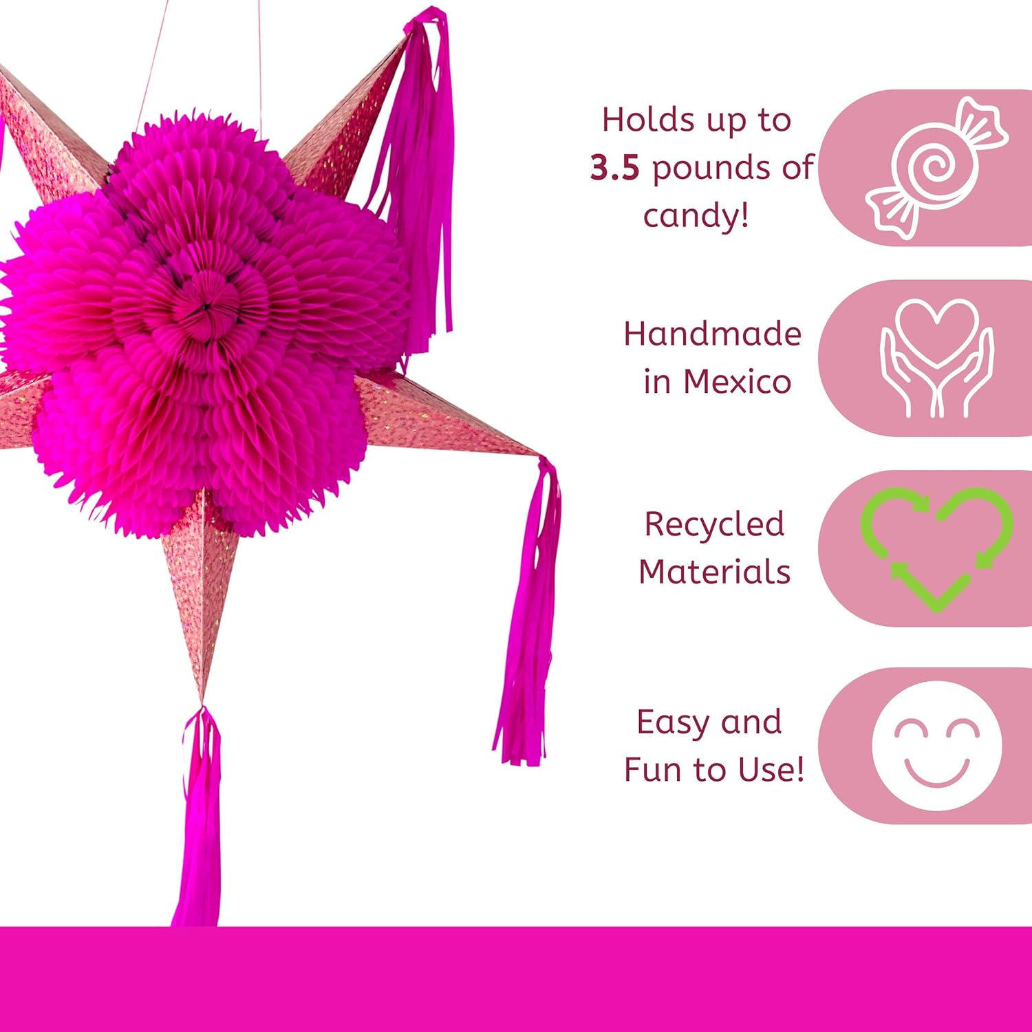 Mexican Star Pinata (32"), Hot Pink Piñata with Rose Gold Cones and 25 ft Rope - Large Pinata for Baby/Bridal Shower, Quinceañera, Glamorous Pink Party Decoration