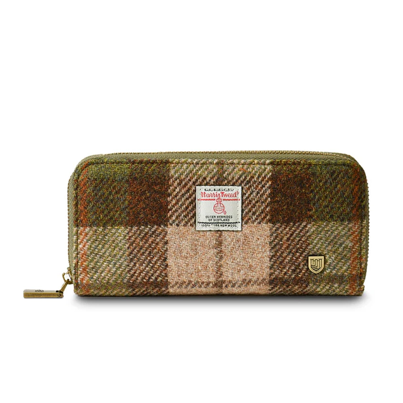 Islander HarrisTweed &amp; PU Leather women’s long zip purse, Carry Cash &amp; card, Scottish Style, Chestnut Tartan