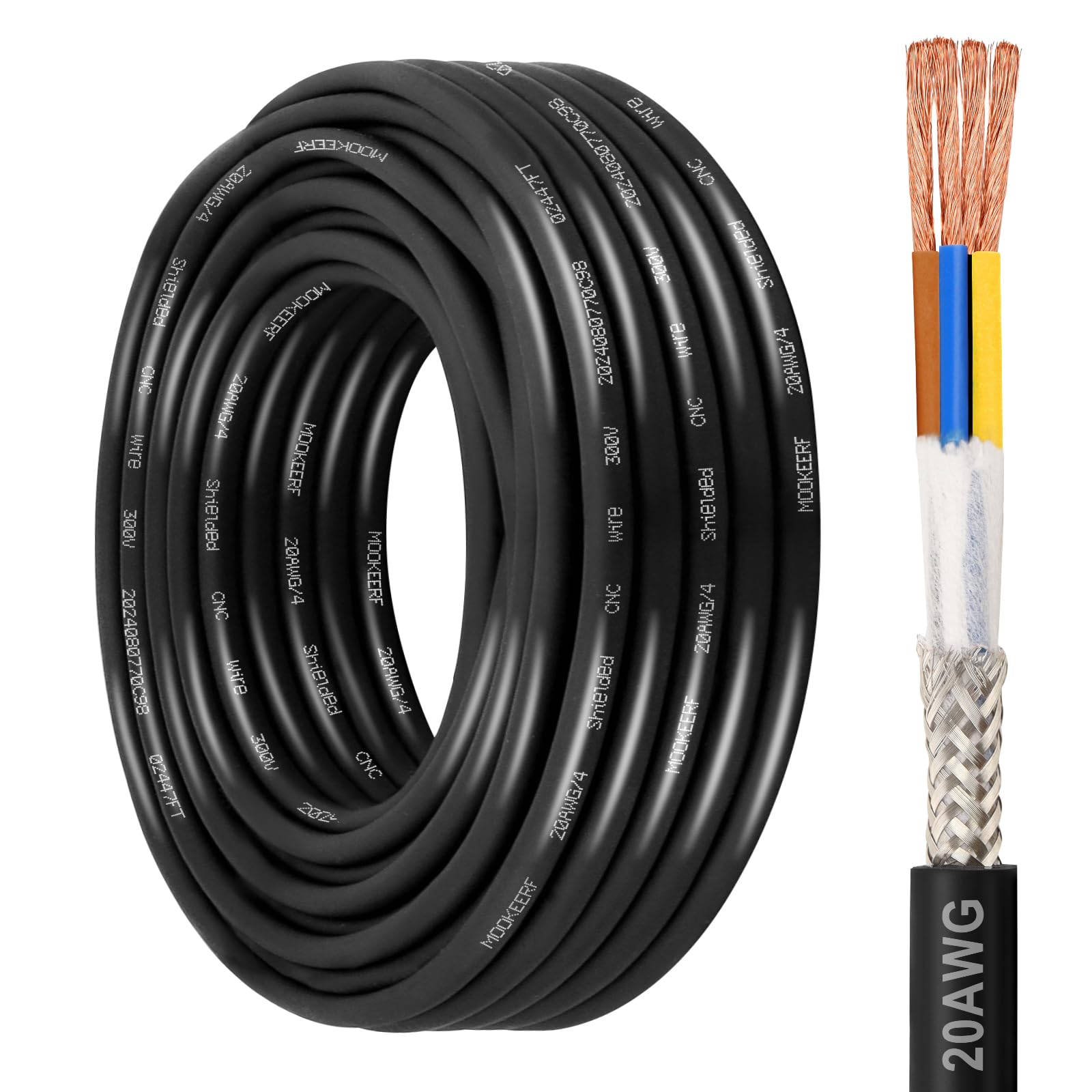 MOOKEERF 20/4 Shielded Wire 30FT,20AWG 4 Conductor Shielded Cable Stranded Pure Copper CNC Wire for CNC Router Machine,CNC VFD Spindle,3D Printer,