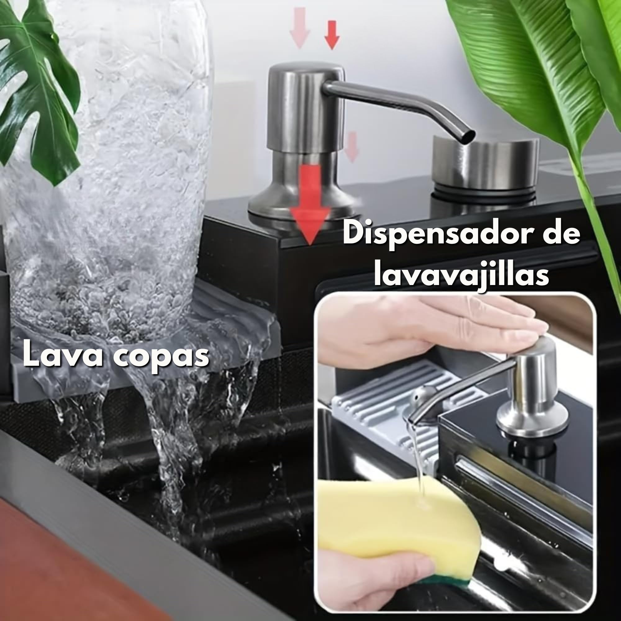 LUMS Fregadero de Cocina Multifuncional Acero Inoxidable Negro, Fregadero 1 Seno con Grifo Cascada, Pantalla Digital y Luz LED, Incluye Lava Vasos y Accesorios