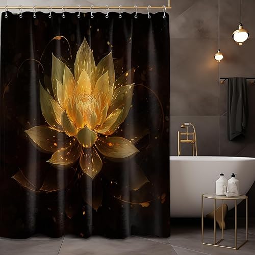 Miniatura 3 de Cortina de ducha negra y dorada con flores de loto amarillo dorado para juegos de decoración de baño, tela impermeable con ganchos, 70 x 72 pulgadas