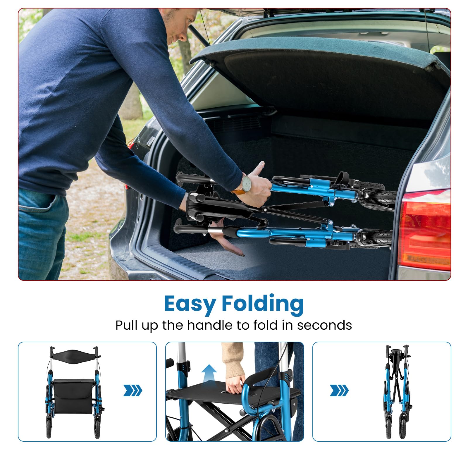 HOMASIS Andador para Ancianos Plegable con 4 Rudas, Caminador Exterior para Idosos con 6 Reposabrazos regulables, Andadores para Adultos, Personas Mayores (azul)