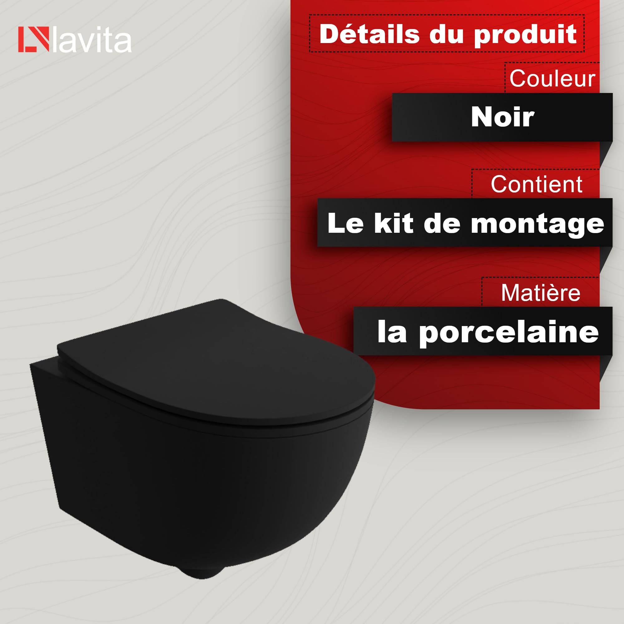 LAVITA Brava Black Abattant de WC suspendu avec système d'abaissement automatique et charnières en métal Noir 360 x 480 x 375 mm