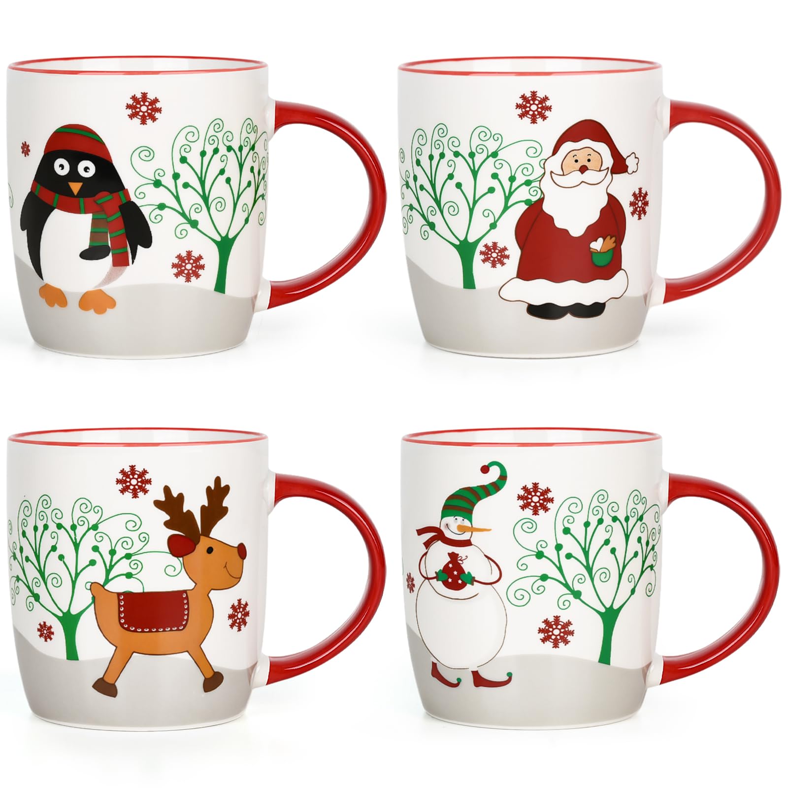 YHRJWN Lot de 4 tasses à café « Merry Christmas » avec renne, Père Noël, bonhomme de neige, pingouin, cadeaux de Noël pour la famille et les amis, 325 ml