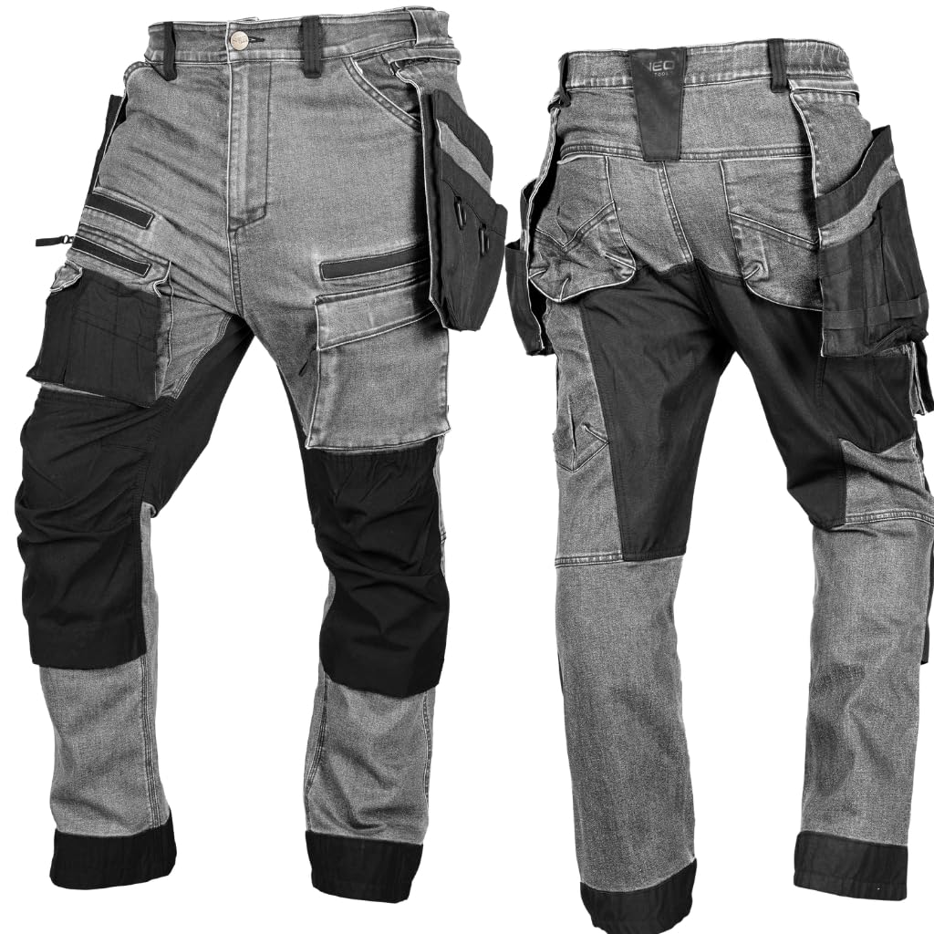 NEO TOOLS Robuste Jeans Arbeitshose, Strapazierfähige Bundhose für Herren | Aus Denim, 400 g/m² mit Kniepolstertaschen, Cordura-Verstärkungen & Stretch-Anteil