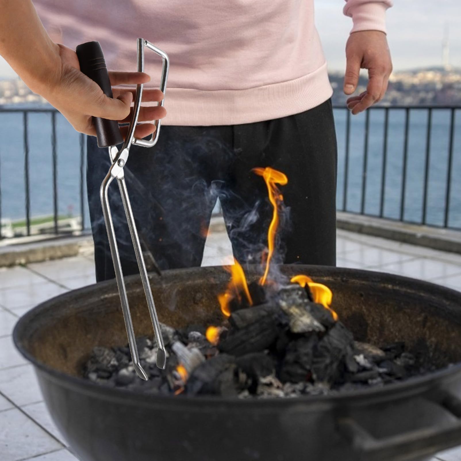 Pinza per Carbone Allungata in Acciaio Inox e Legno, Antiscivolo | Utensili Barbecue, Accessori per Barbecue Lla, Pinza Barbecue Lunga, Vacanze Estive