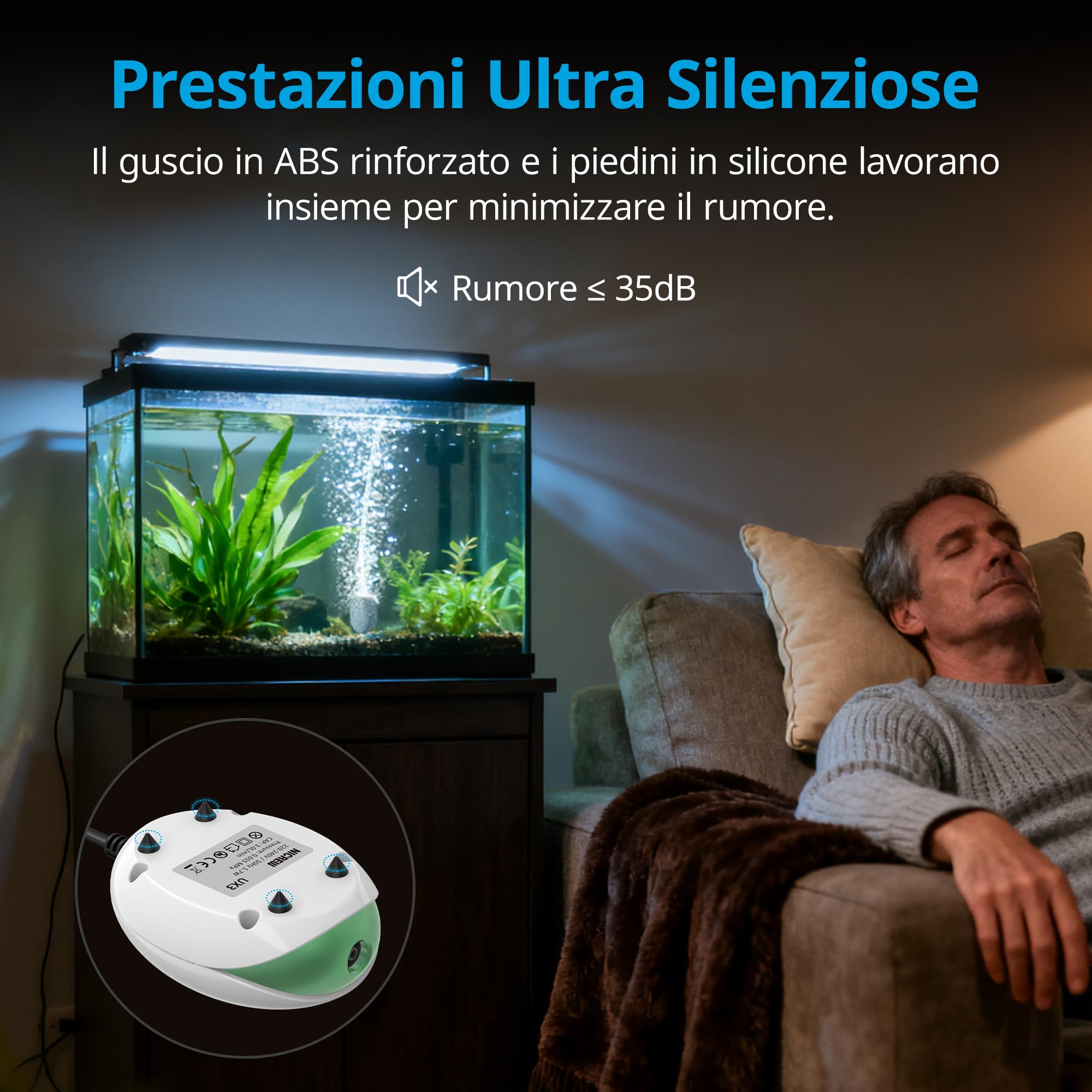 NICREW Ossigenatore per Acquario Ultra Silenzioso fino a 150 L con Flusso Regolabile, Pompa d'Aria per Acquario <35 dB Dotata di Tubo dell'Aria, Pietra e Valvola di Non Ritorno