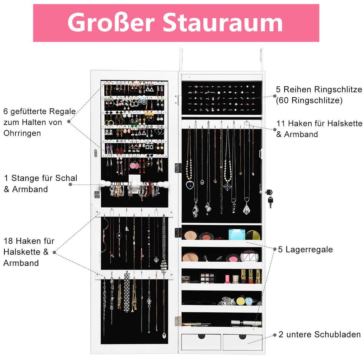 RELAX4LIFE Schmuckschrank mit 15 LED Leuchten & Spiegel, Hängeschrank im Landhausstil, Spiegelschrank mit 2 Schubladen & 2 Schlüsseln, Tür- & Wandmontage, für Ohrringe & Ketten & Ringe, Weiß, Holz