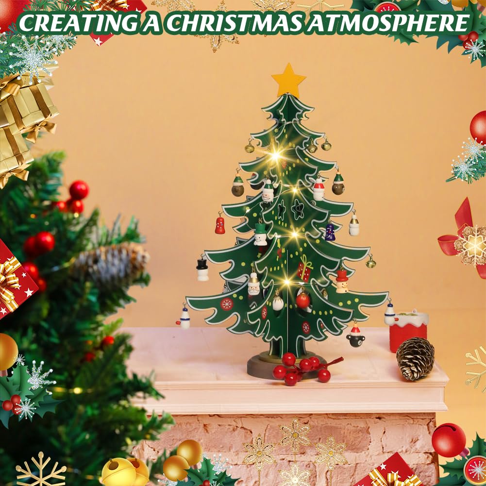 Calendario dell'Avvento 2025, albero di Natale in legno con 36 ciondoli e catena luminosa a LED, 24 giorni, conto alla rovescia, mini albero di Natale, regalo per ragazzi e ragazze