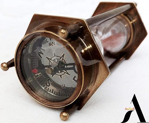 Miniatura 4 de AnNafi® Temporizador de arena de latón 5" reloj de arena decorativo con brújula de latón marítimo antiguo