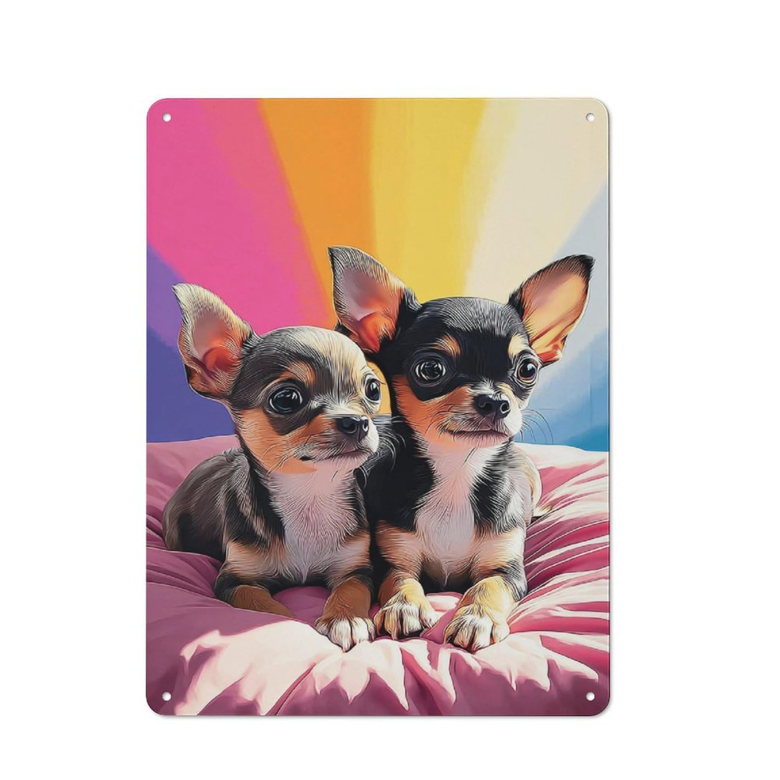 Junmoney Chihuahua Puppies On Rainbow Background Retro Metal Wall Sign 40X30cm For Studio Or Craft Room, For Metal Sign Collectors, For Garage And Workshop Walls
