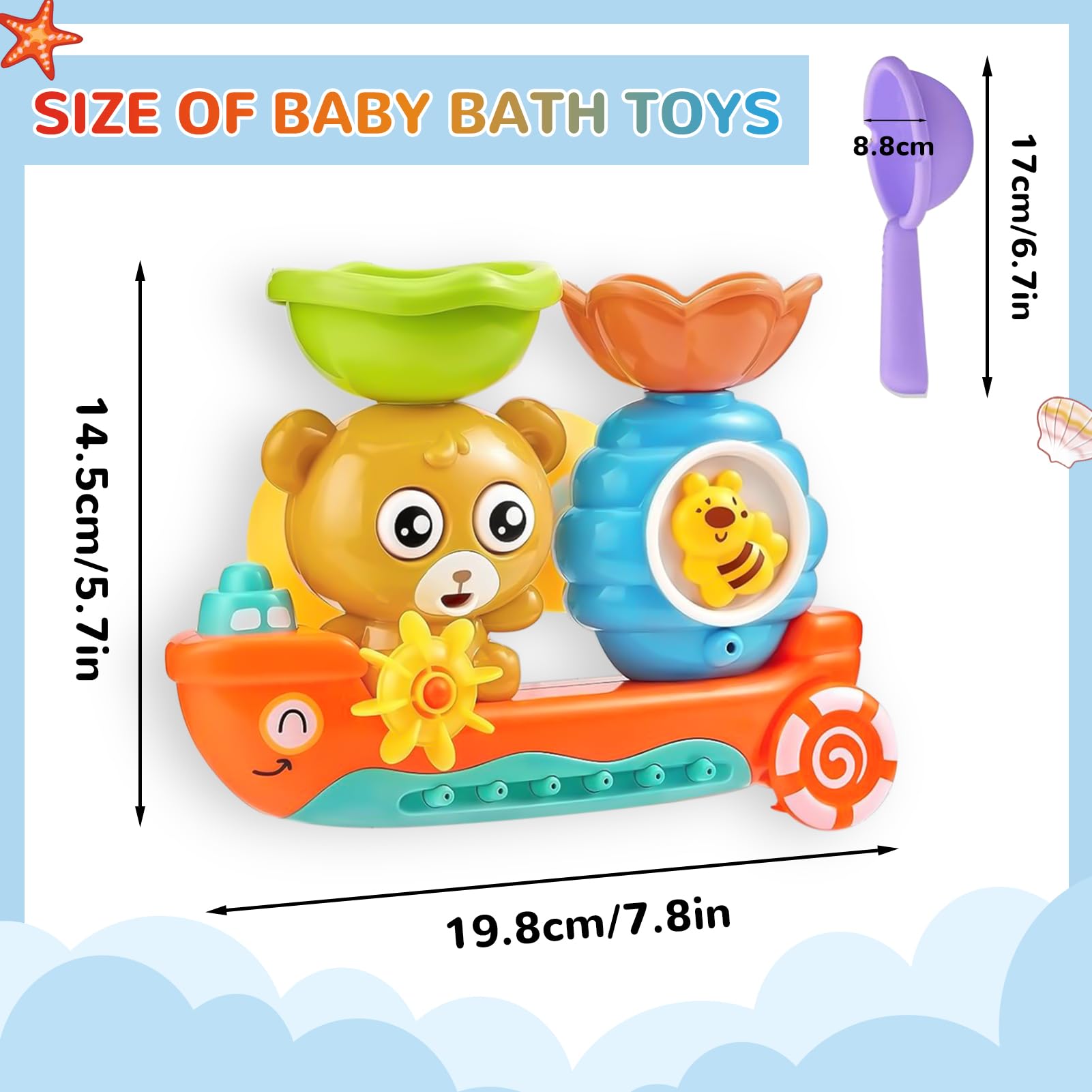 Giochi Bagnetto Neonato 1-4 Anni - Vasca da Bagno Bambini con Orso e Ape, Simpatici Animali con Ventosa e Pala - Regalo per Ragazzi e Ragazze