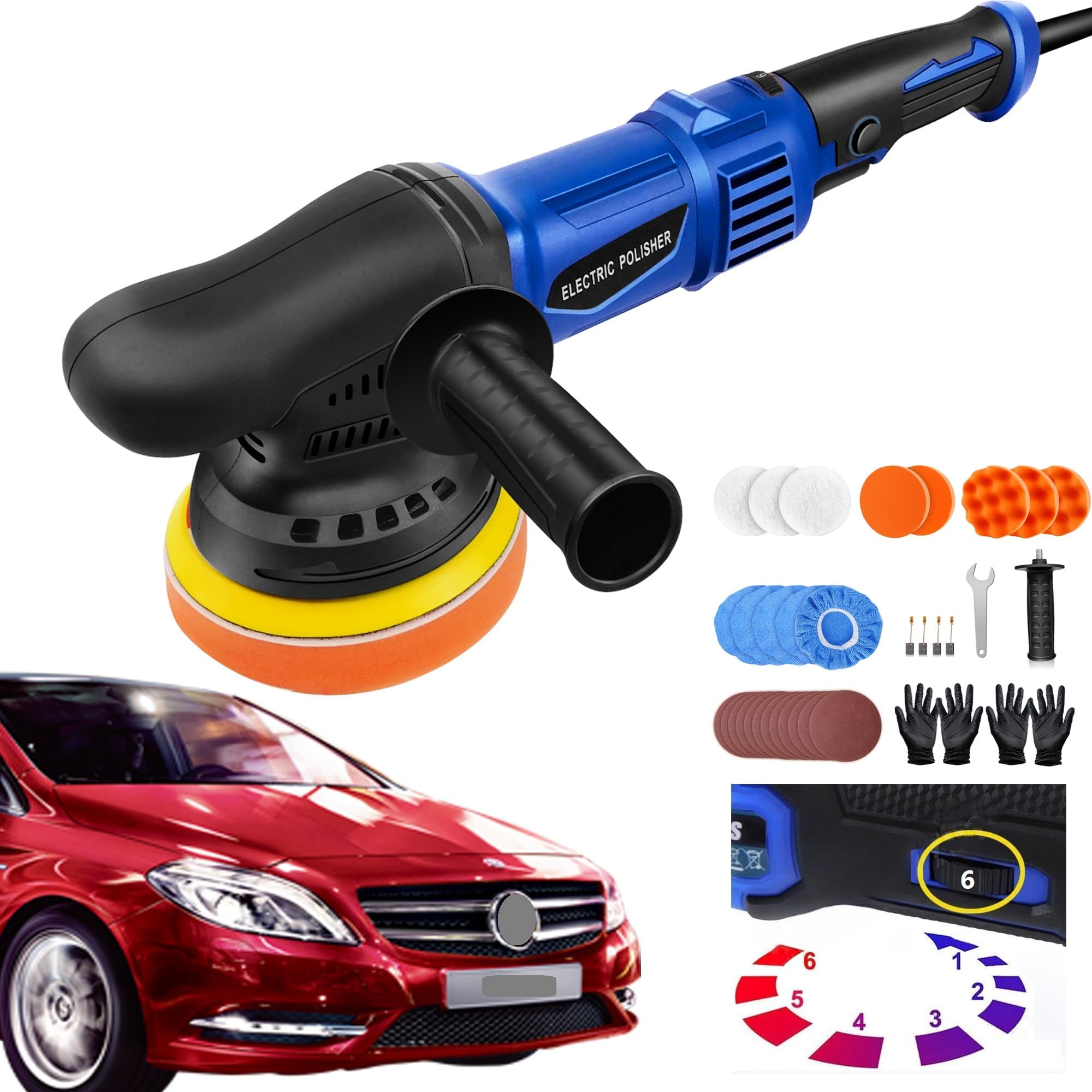 Banas Multi-Purpose 1200W 5-inch Dual Action Polisher Car Buffer DA Machine, 12mm Eccentricity, 6 Speed Control(2800-5800RPM), for Polishing Vehicles/Furniture/Piano/Tiles, Give You A Brand New Look!