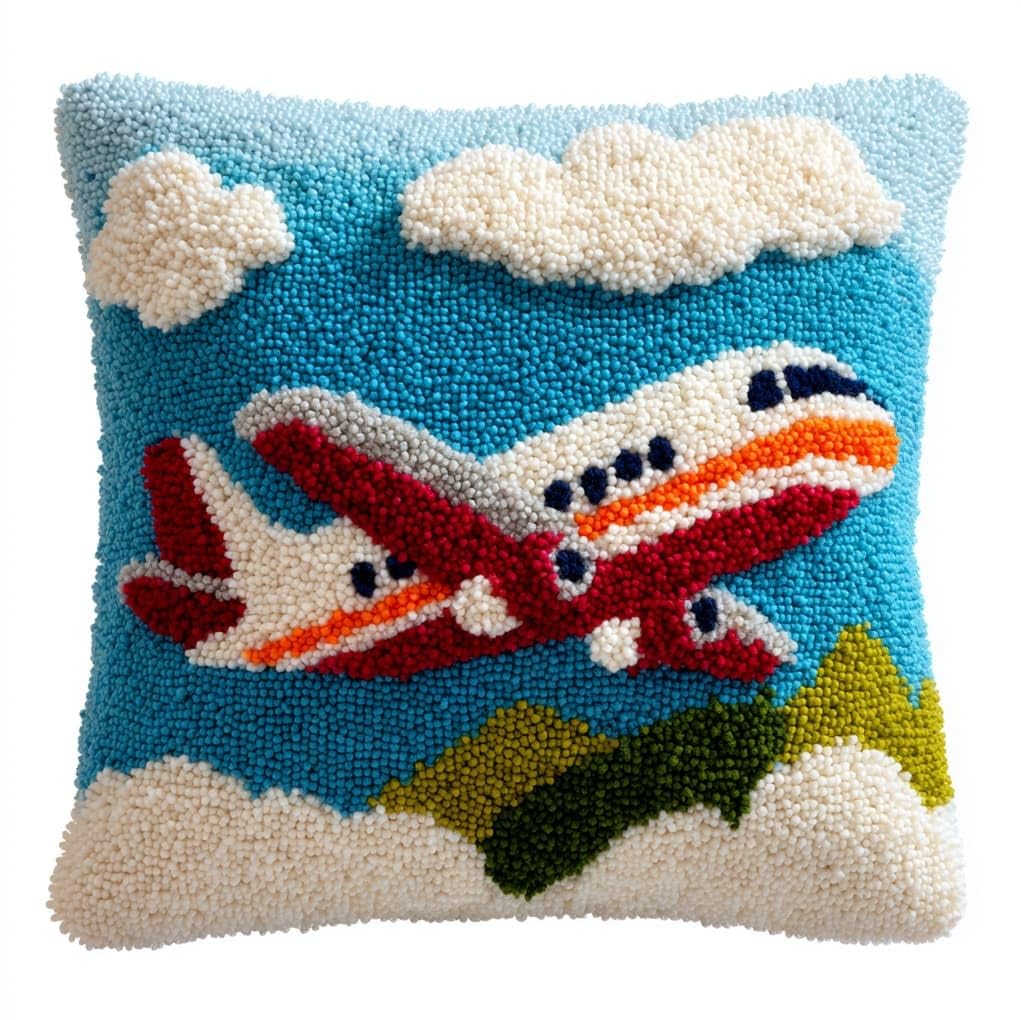 Wallustrioaw Latch Hook Kit For Beginners,Cartoon Airplane,Cushion Cover Making Kit,Embroidery Pillowcase Latch Craft For Adults,17X17in