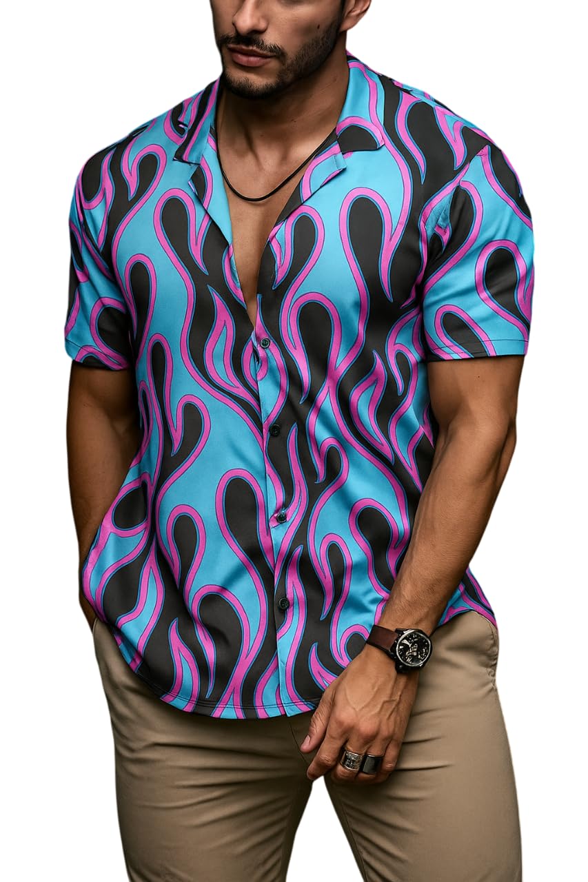 Kizyoo Men's Stylish Printed Shirts | Tribal, Tropical Snake & Flame Design | Casual Short Sleeve Button-Down for Summer | Beach (in, Alpha, M, Regular, AAG,)
