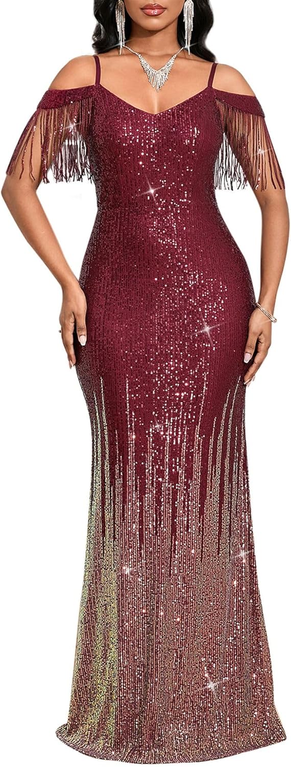 Cololura Women Sexy Sequin Tassel Off Shoulder Halter Bodycon Formal Party Evening Gown Maxi Dress