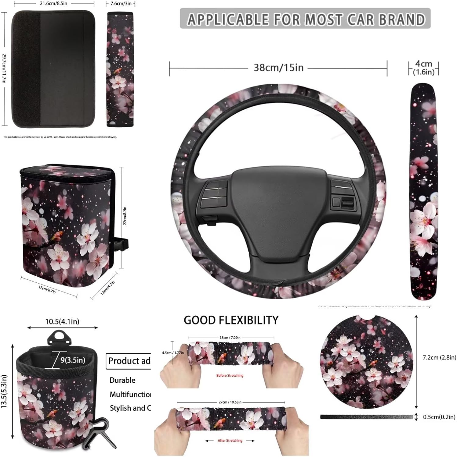 Cherry Blossom Car Seat Cover Full Set for Women Men,Car Steering Wheel Cover,Seatbelt Cover,Automotive Car Garbage Cans,Car Rear View Mirror Protector,Car Cup Holder and Car Keychain