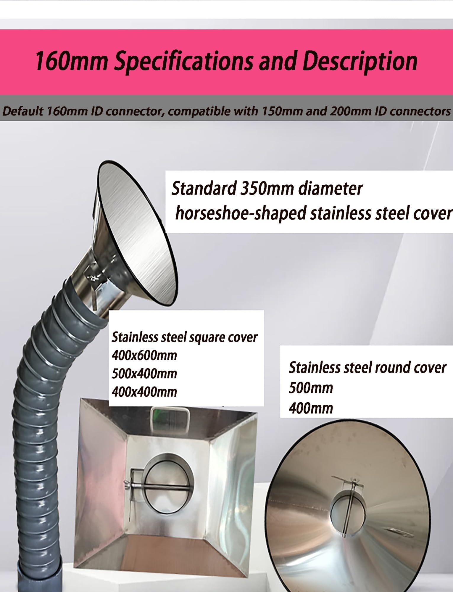 Manguera extractora de humos de soldadura, tubo de ventilación flexible con capucha de acero inoxidable, 11 cm de diámetro, 200 cm de largo, para fábricas y talleres