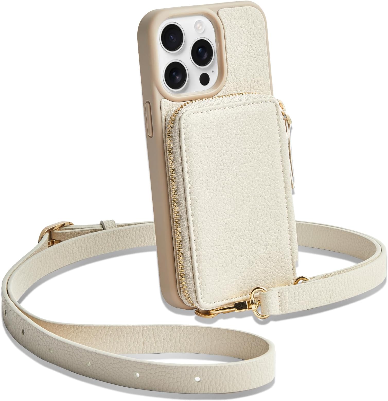 - ZVE for iPhone 13 Pro Max Wallet Case Crossbody, Phone Case with Card Holder Wrist Strap, Zipper Leather RFID Blocking Purse Cover Gift for Women for iPhone 13 Pro Max, 6.7", 2021- Beige