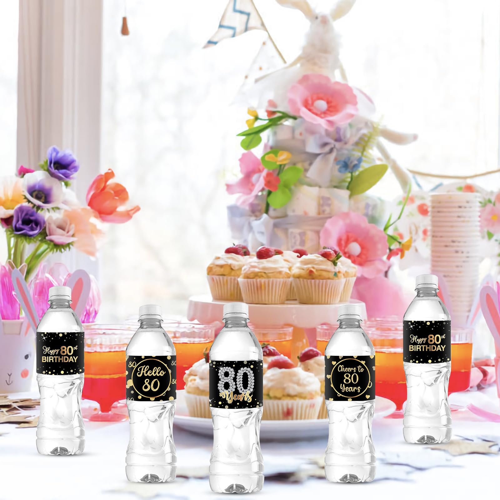 33 szt. 'Happy 80th Birthday' etykiety na butelkę wody 'Cheers to 80 Years naklejki na 80. rocznicę ślubu etykiety imprezowe znak czarny
