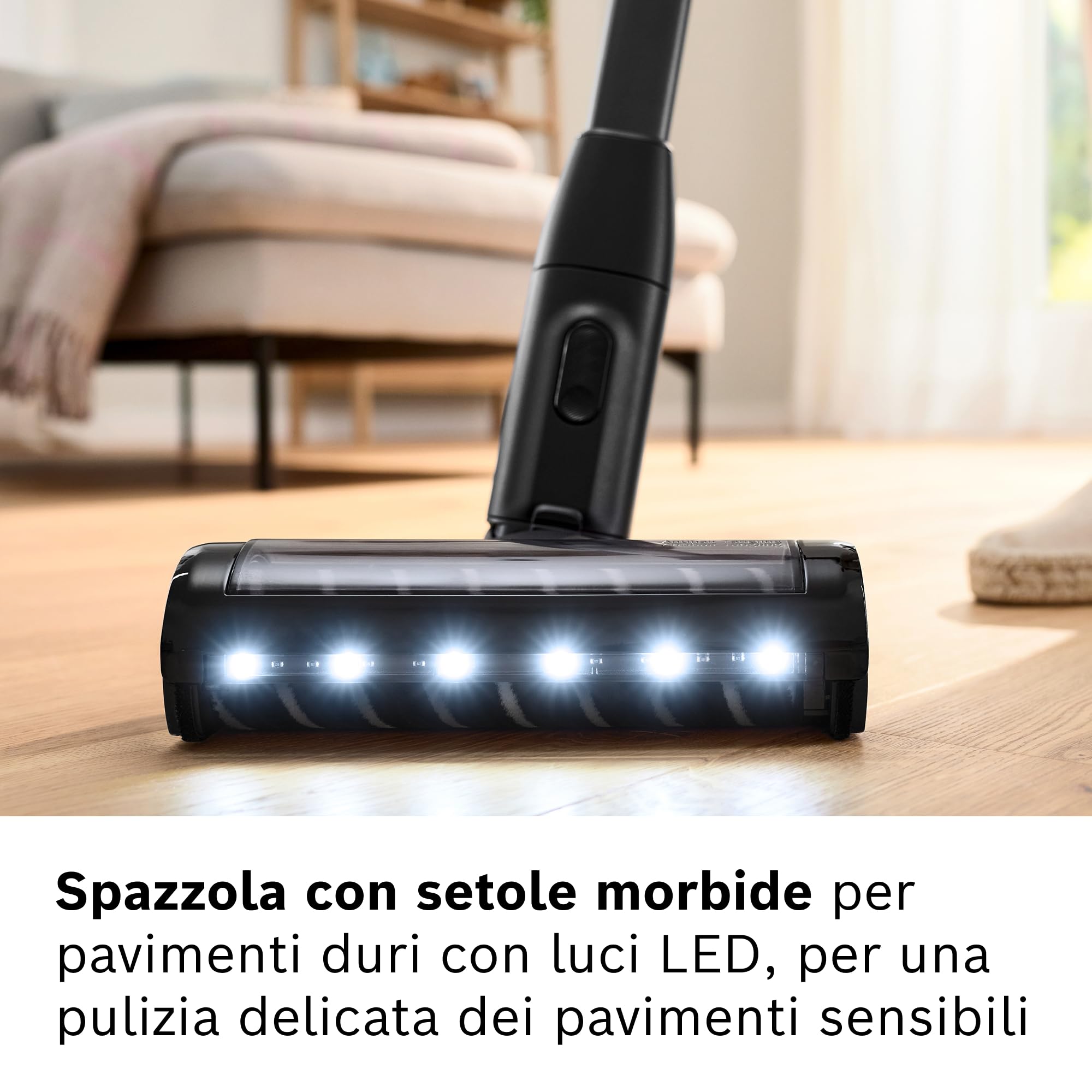 Bosch BHZUNGHF Spazzola con setole morbide e Luci LED per Pavimenti Duri, Adatta per Unlimited 10 e 9, Pulizia Delicata di Pavimenti Duri Sensibili, Nero